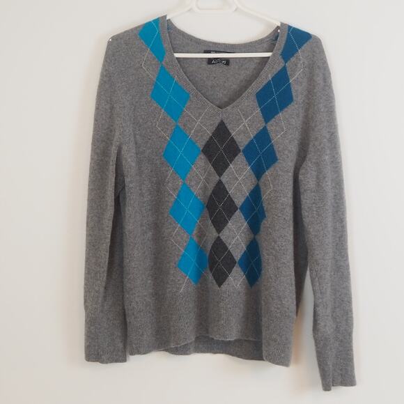 APT 9 100% Cashmere Argyle Sweater Women's Size XL Grey Blue Black - Picture 1 of 9